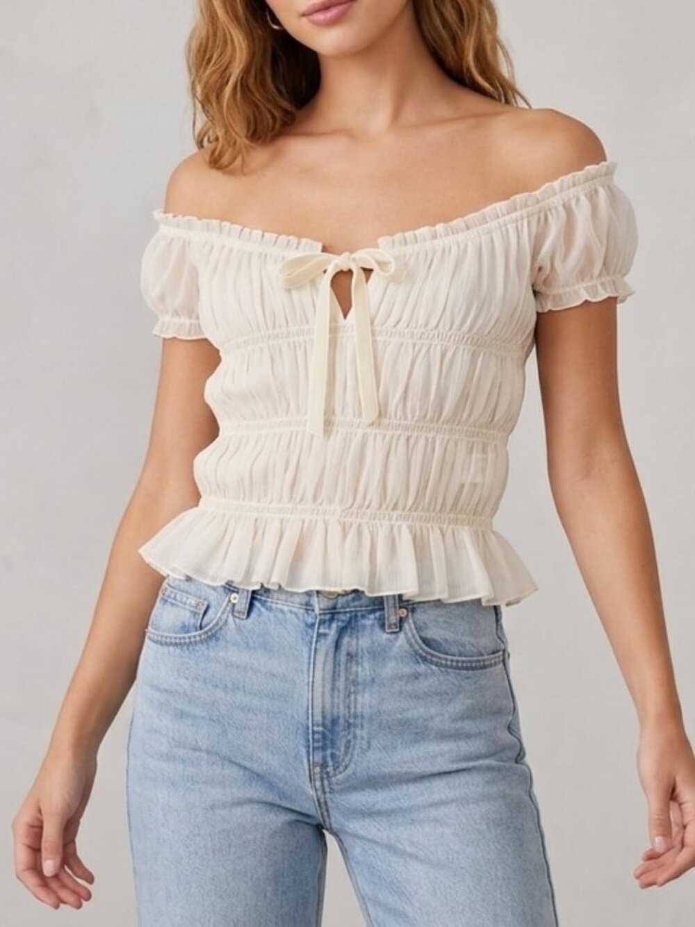 NWT AKIRA Ivory Chiffon Smocked Crop Top Small Cottagecore Coquette Fairycore